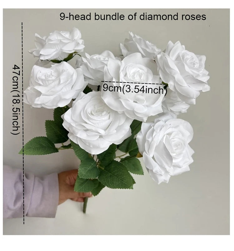 9-Head Diamond Rose Bouquet Artificial Flowers for Wedding & Home Decor