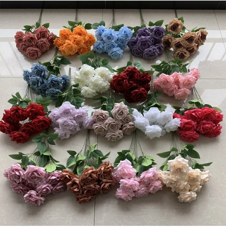 9-Head Diamond Rose Bouquet Artificial Flowers for Wedding & Home Decor