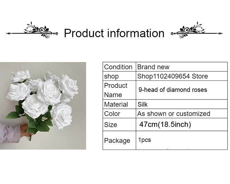 9-Head Diamond Rose Bouquet Artificial Flowers for Wedding & Home Decor