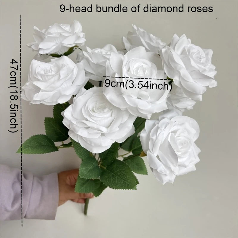9-Head Diamond Rose Bouquet Artificial Flowers for Wedding & Home Decor