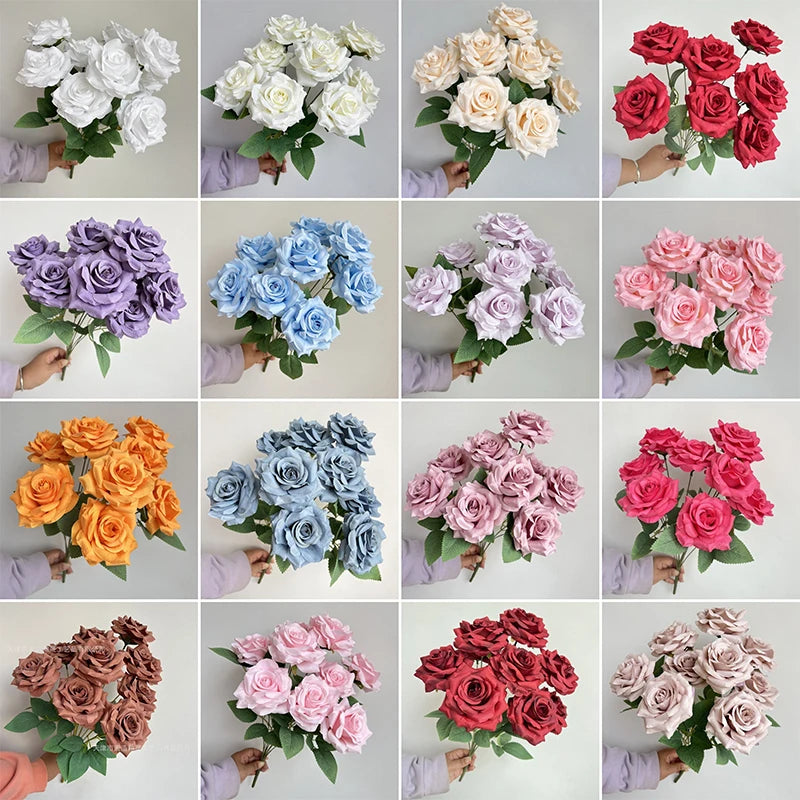 9-Head Diamond Rose Bouquet Artificial Flowers for Wedding & Home Decor